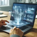 An image of a laptop screen with a digital dashboard emerging from the screen in a 3D perspective, angled toward the viewer. The dashboard displays various graphs and data visualizations, giving the impression of extending into the viewer's space. The laptop is placed on a desk in a well-lit room, with the focus on the screen and the dashboard. The user's hands are visible, one pointing at the dashboard. Include a logo of 'IT Tech Buz' on the laptop screen, prominently displayed.