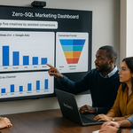 Here’s a photorealistic scene that mirrors the article’s narrative: a diverse marketing team collaborating around a BigQuery Zero-SQL Marketing Dashboard—complete with GA4 + Google Ads charts, a conversion-funnel visual and the very prompt “Show top five creatives by assisted conversions.” F