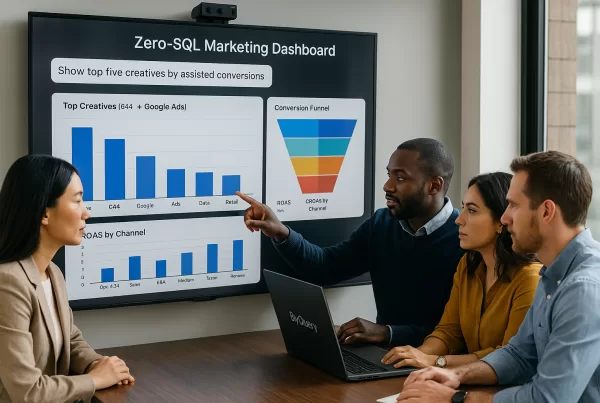 Here’s a photorealistic scene that mirrors the article’s narrative: a diverse marketing team collaborating around a BigQuery Zero-SQL Marketing Dashboard—complete with GA4 + Google Ads charts, a conversion-funnel visual and the very prompt “Show top five creatives by assisted conversions.” F