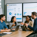 A photorealistic illustration capturing digital marketing managers collaborating over Google Analytics data, reflecting the importance of data-driven decision-making, channel performance insights, and audience segmentation