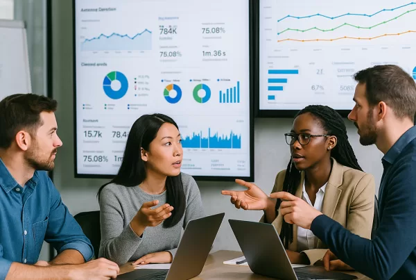 A photorealistic illustration capturing digital marketing managers collaborating over Google Analytics data, reflecting the importance of data-driven decision-making, channel performance insights, and audience segmentation