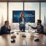 featuring 3-4 people in a debate/interaction/persuasion scenario, representing the strategic discussion around the EU Data Act and its impact on data-driven marketing.