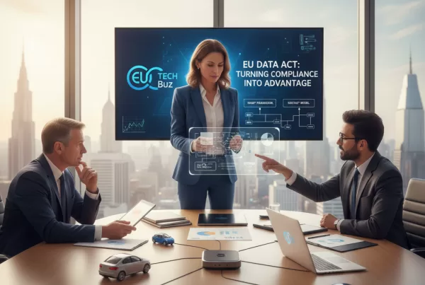 EU Data Act an opportunity for Marketing Leaders 1 featuring 3-4 people in a debate/interaction/persuasion scenario, representing the strategic discussion around the EU Data Act and its impact on data-driven marketing.
