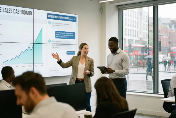 A photorealistic, documentary-style photograph inside a bustling, modern retail headquarters in London. A female CEO and a male Marketing Director, both in smart-casual business attire, stand in front of a large wall screen displaying a real-time data dashboard with a conversational AI interface window open. The woman is gesturing towards a graph showing a sharp upward trend, while the man holds a tablet, smiling as if he has just received good news. In the background, out-of-focus employees work at desks, and a large window looks out onto a city street. The atmosphere is dynamic and collaborative.