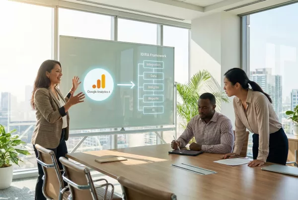 Google Analytics 4 with the IDIRA framework with 3 people in the office working to optimize business outcomes