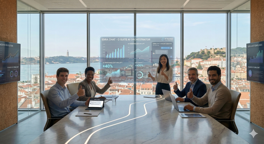 A high-end, contemporary boardroom in Lisbon, Portugal, featuring large windows with a sweeping view of the Tagus River, the 25 de Abril Bridge, and the historic São Jorge Castle under bright daylight. A culturally diverse team of five C-suite executives (including a Black woman leading and a younger woman of Asian descent analyzing data) are collaborating around a futuristic, illuminated marble table. Floating holographic displays above the table show advanced data charts labeled 'Agentic Marketing Analytics' and a conversational chat interface titled 'IDIRA.chat Analyst Buddy'. The overall atmosphere is professional, sophisticated, and forward-thinking, emphasizing leadership, trust, and AI integration within a safe, compliant environment like the EU. Photorealistic, 8k resolution, cinematic lighting